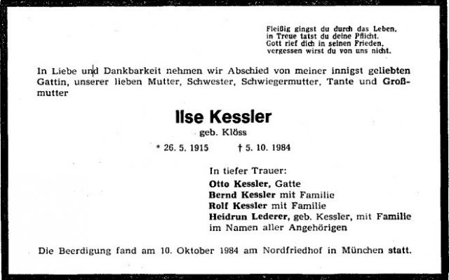 Kloess Ilse 1915-1984 Todesanzeige